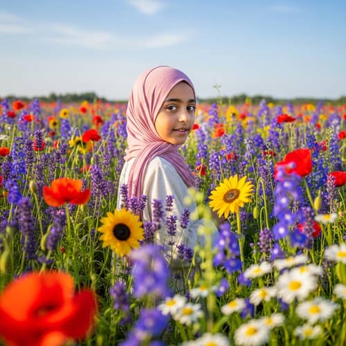 Middle Eastern Girl Admiring Colorful Flowers | Bright Sky View