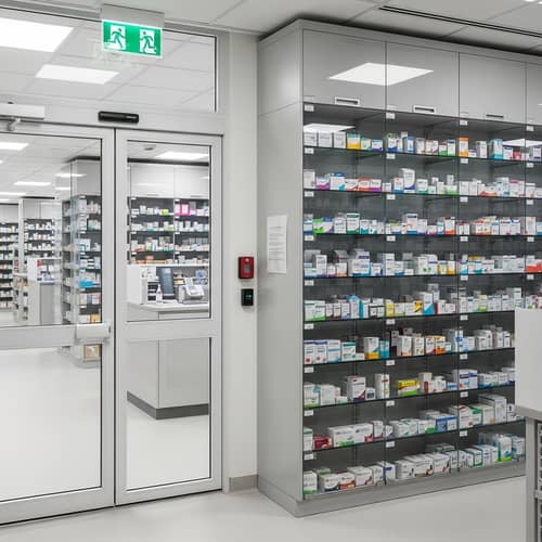 Hospital Pharmacy with Organized Cabinets and Glass Storage