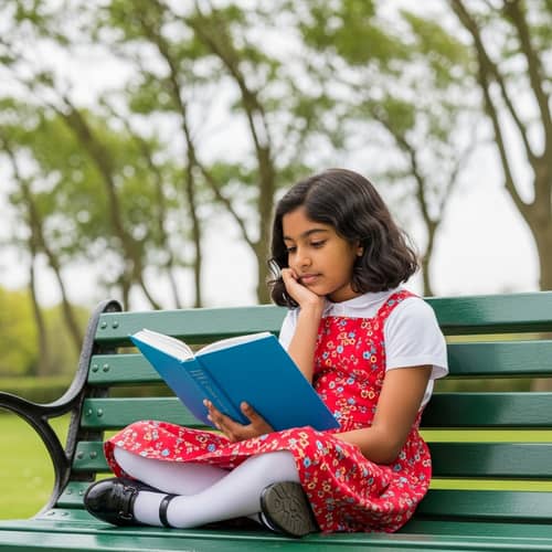 Young South Asian Girl Reading Book on Green Park Bench