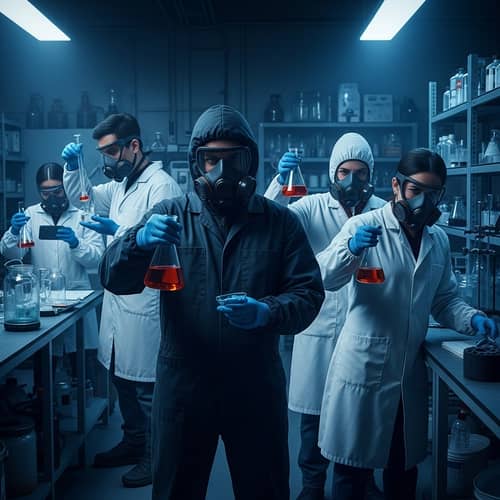 Brutal Chemists in Underground Laboratory with Blue undertone