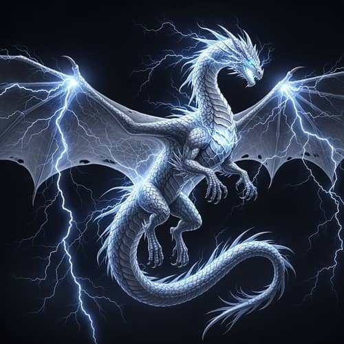 Majestic White Dragon Soaring Through Dark Skies
