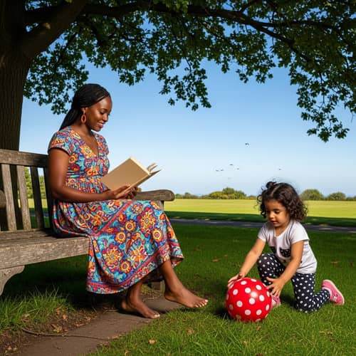 Black Woman in Colorful Summer Dress Reading Book with Middle-Eastern Girl Playing in Park