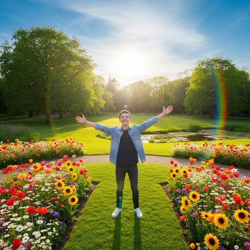 Cheerful Teenager Celebrating Escape from Bullying in a Lush Green Park