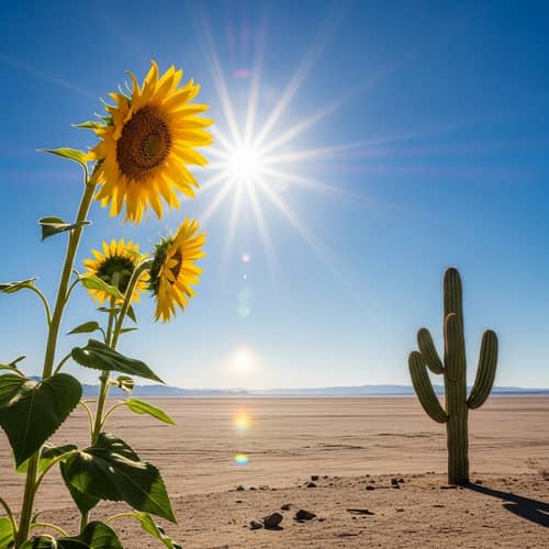 Intense Heat: Sunflowers and Cactus in Hot Summer Day