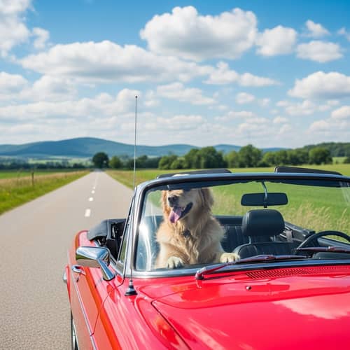 Playful Golden Retriever Resting in Vintage Red Convertible
