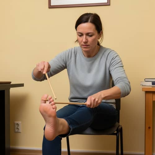 Caucasian Woman Striking Bare Feet with Wooden Stick