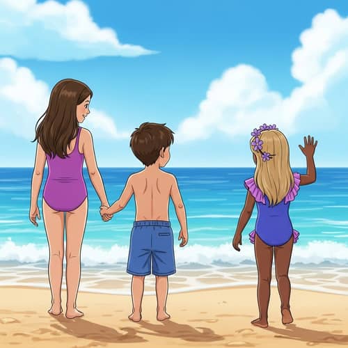Beach Scene with Kids Waving - Fun Summer Moments