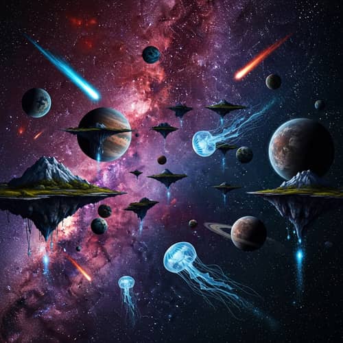 Surreal Cosmos: Vibrant Galaxy Scene with Surrealistic Elements