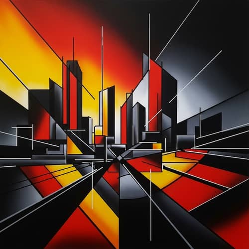 Dynamic Cityscape: Geometric Shapes & Bold Colors