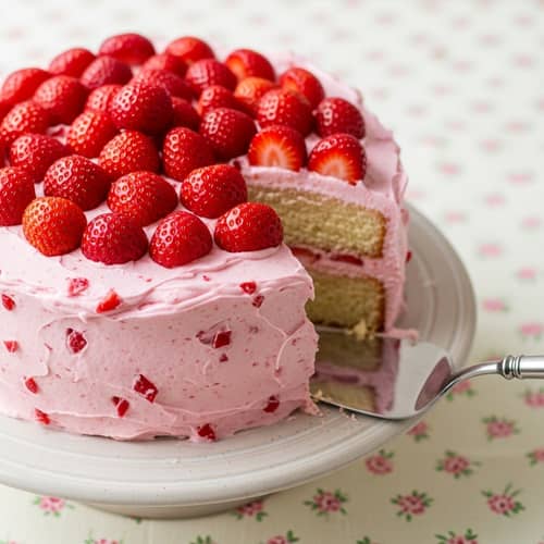 Delicious Strawberry Cake with Frosting and Fresh Strawberries