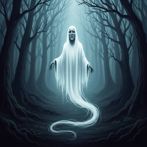 Ghostly Figure in Dark Misty Forest