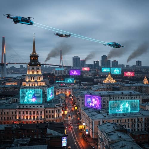 Cyberpunk Vladivostok: Neon Cityscape Fusion with Futuristic Russian Twists