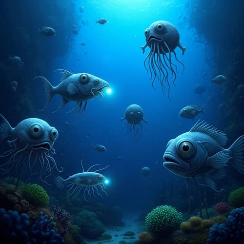 Surreal Underwater Scene: Obscure Deep Sea Creatures