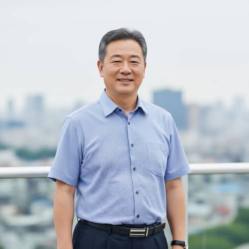 Middle-Aged Asian Man with Gentle Demeanor | Serene Cityscape Background