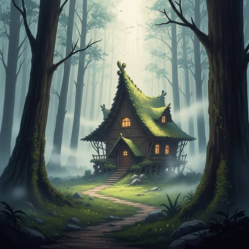 Mystical Forest with Ethereal Glowing Light and Organic Formed House