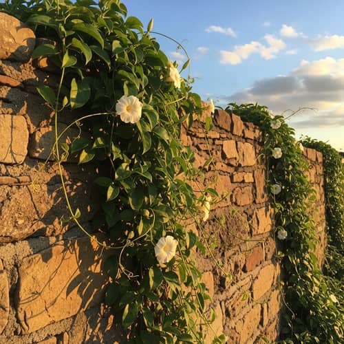 Ajaj: Vines Embracing an Old Stone Wall at Sunset