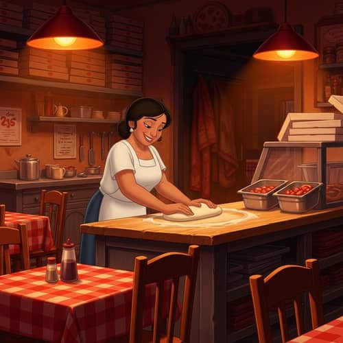 Hispanic Woman Working in Cozy Pizzeria | Traditional Animated Film Style