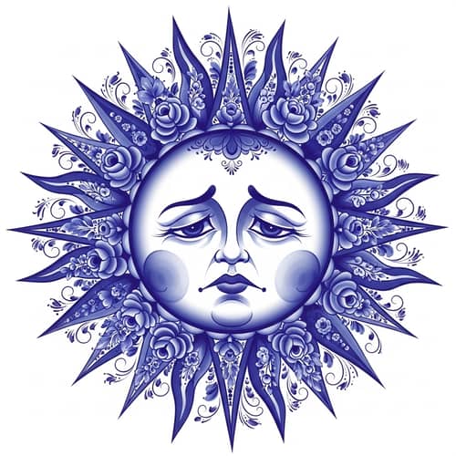 Melancholy Sun in Gzhel Style - Traditional Russian Folk Art