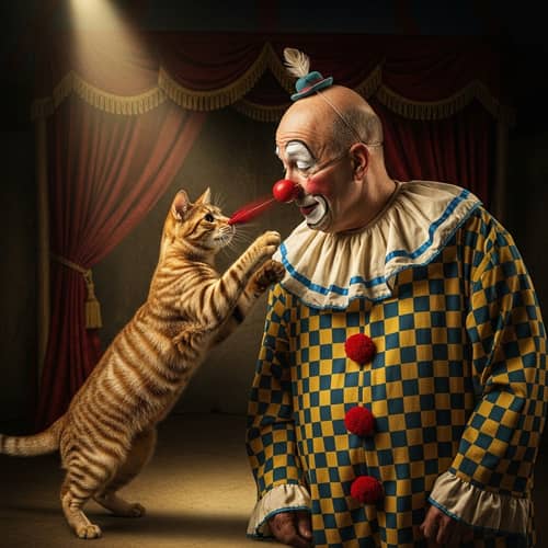 Cat playing with vintage circus clown