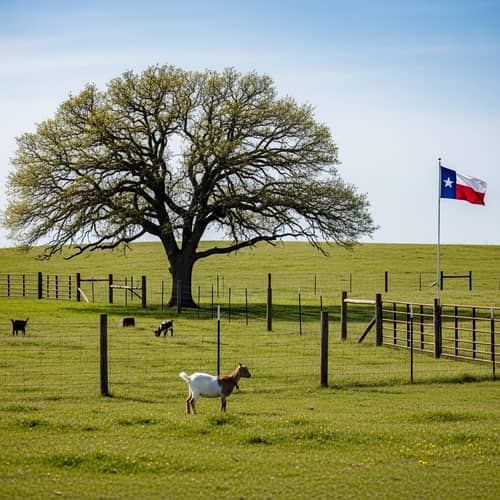 Picturesque Texas Landscape with Ancient Oak Tree and Grazing Goats