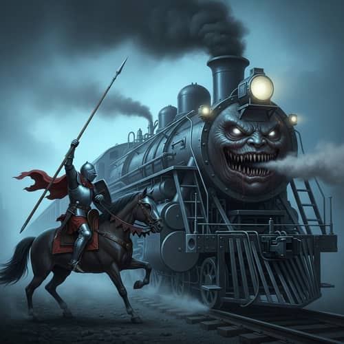 Hispanic Knight on Horseback vs. Scary Train: Fantasy Horror Scene