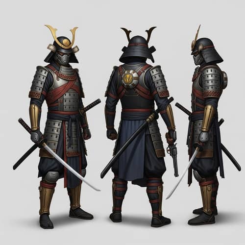 Futuristic Samurai with Black Katana and Revolver | Multicultural Depiction