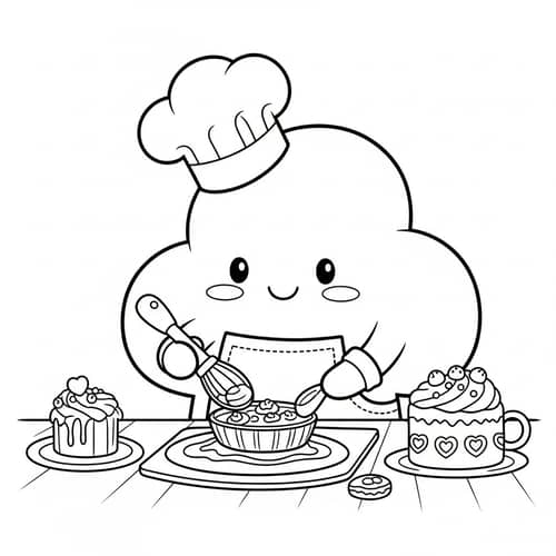Whimsical Cloud Baking Coloring Page for Kids