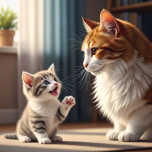 Delightful Scene of Cute Kitten and Majestic Mother Cat