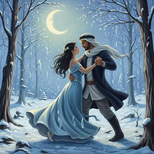 Surreal Dance of Love under Crescent Moon in Snowy Forest