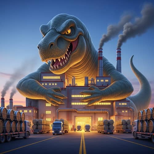Evil Cartoon Dinosaur Embracing Beer Factory - Unique Illustration