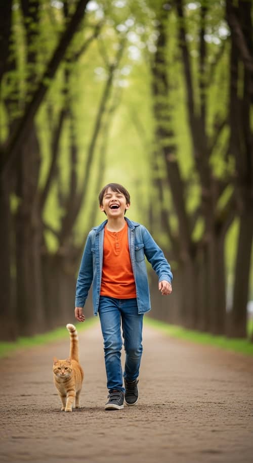 Joyful 12-Year-Old Boy Walking in Park with Ginger Cat | Realistic Scene