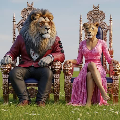 Majestic Male and Female Lions in Opulent Cyberpunk Style