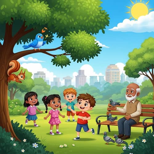 Sunny Park Cartoon: Bird, Squirrel & Children Playing