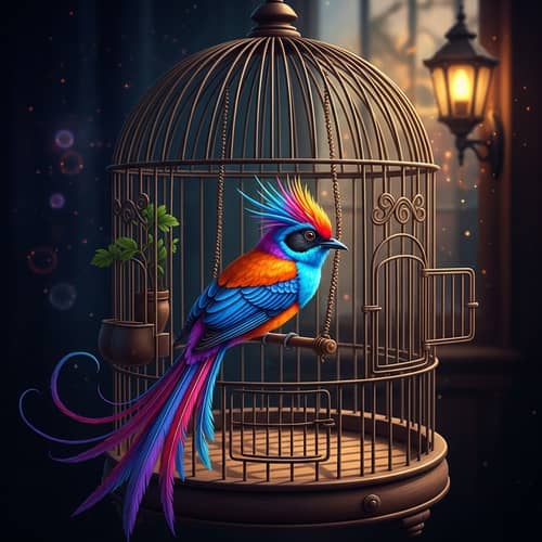 Exotic Bird in Vintage Birdcage | Surreal Fantasy Artistry