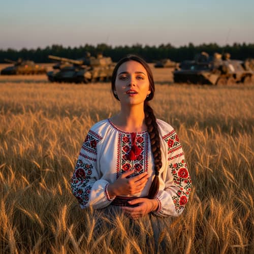 Beautiful Ukrainian Girl with Dark Hair Singing in Field