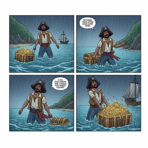 Night Scene Pirate Emerges with Treasure Chest in Rain