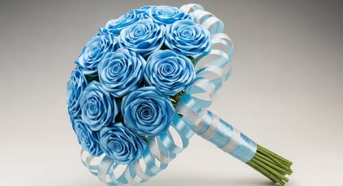 Delicate Blue Satin Ribbon Roses Bouquet | Elegant Floral Arrangement