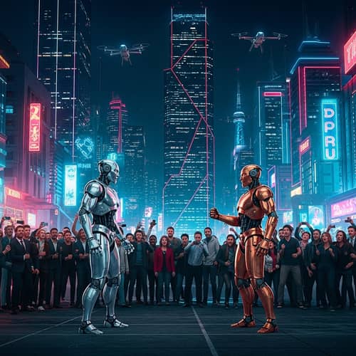 Futuristic Confrontation: Silver vs Copper Robots in Neon-lit City