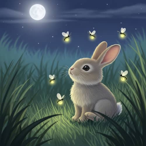 Moonlit Meadow: Charming Rabbit and Fireflies Illustration