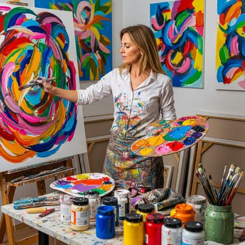 Caucasian Woman Abstract Painter in Vibrant Art Studio