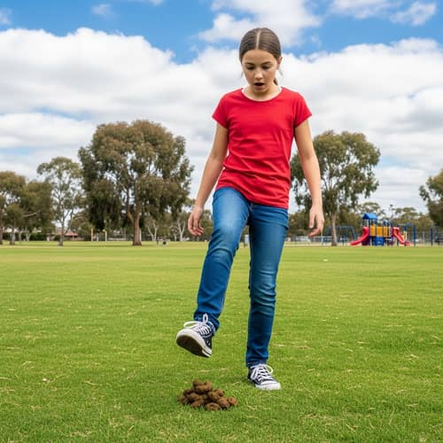 Surprised Girl Steps on Dog Poo: Unexpected Mishap in the Park