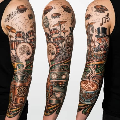 Steampunk Themed Tattoo Design with Music, Drums, Culinary, and Latte Art Elements