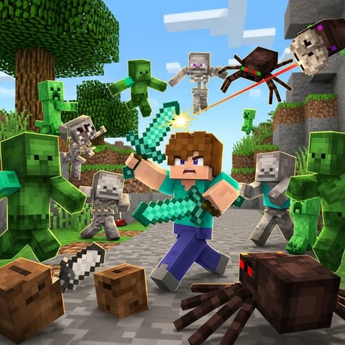 Minecraft Character Battles Mobs in Intense Fight