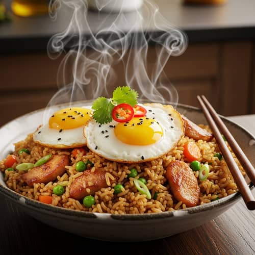 Delicious Fried Rice Bowl with Vegetables, Eggs, and Meat