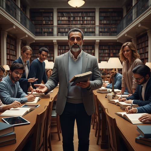Modern-day Scholar Amid Diverse Contemporaries in Grand Library