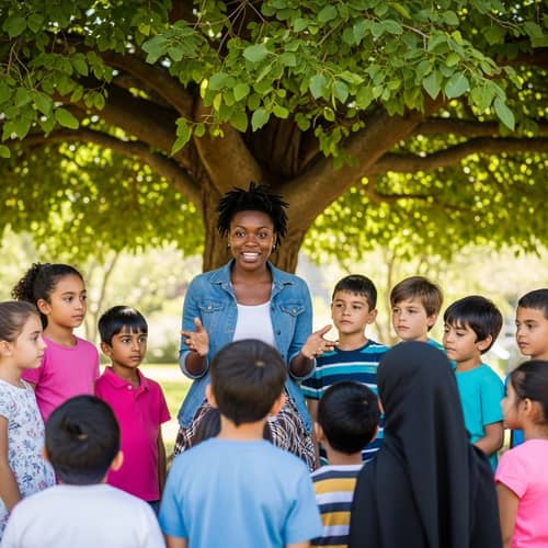 African Woman Storytelling Under Tree - Cultural Tradition