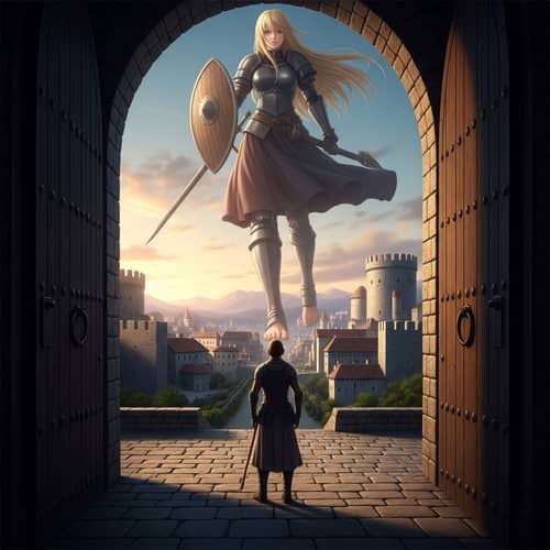 Gigantic Blonde Soldier Approaching Medieval City Horizon