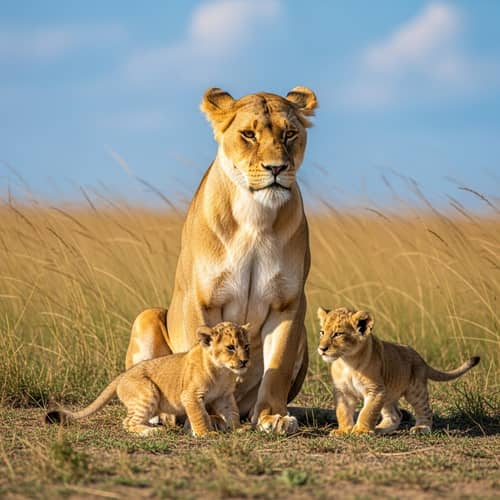 Majestic Lioness and Playful Cubs in African Savannah
