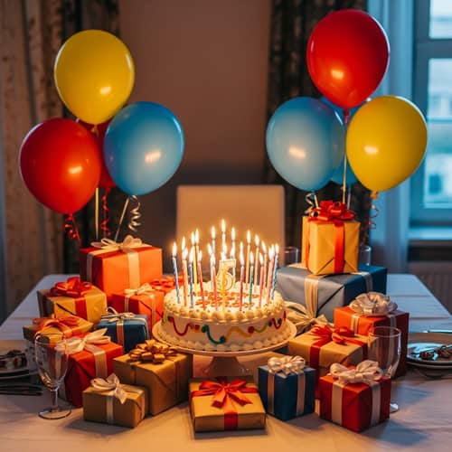 Colorful Birthday Celebration with Cake, Gifts, and Balloons