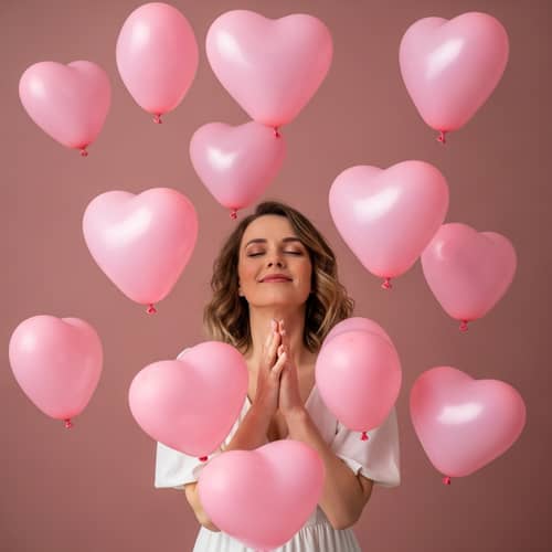 Serene Woman in Love Surrounded by Pink Heart Balloons